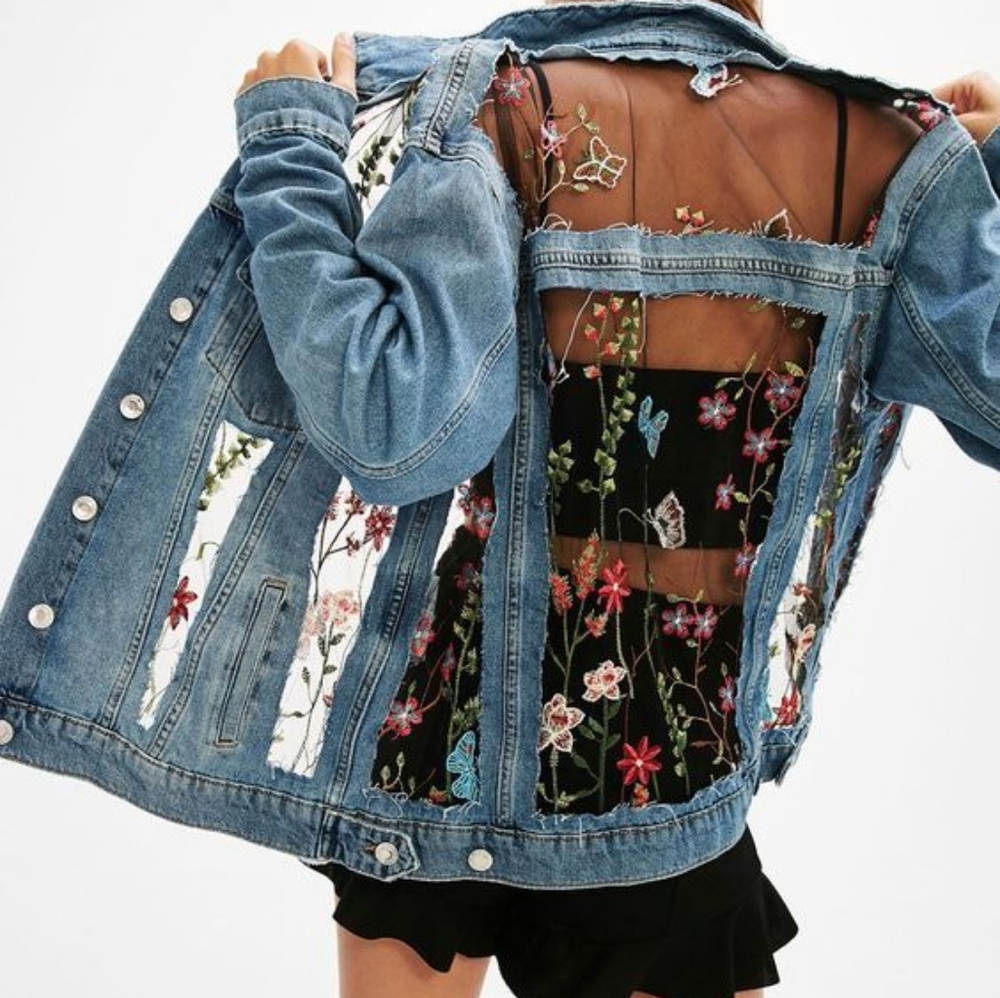 BERSHKA Upcycled Denim Jacket S Distressed Floral Embroidered Mesh Panel Y2K